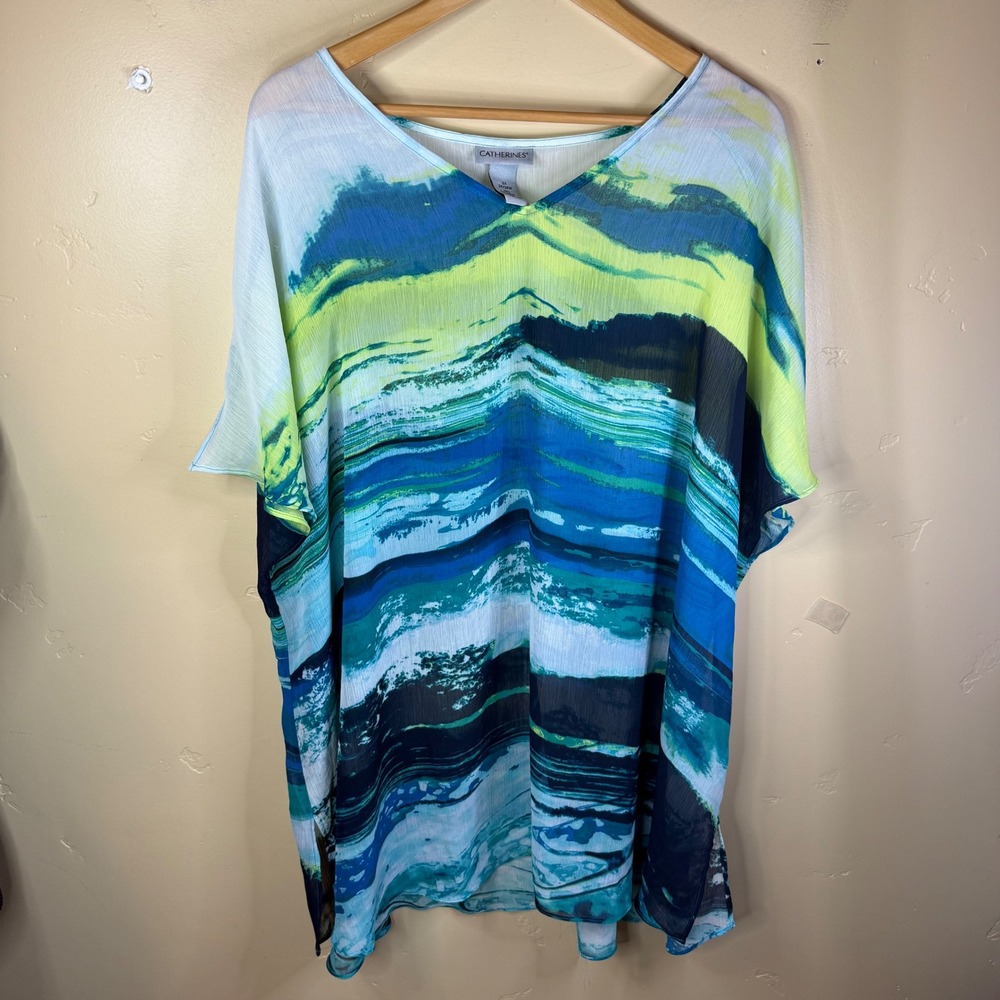 Catherines 3X Plus Size Abstract Print V Neck Sheer Kaftan Tunic Top Vacation